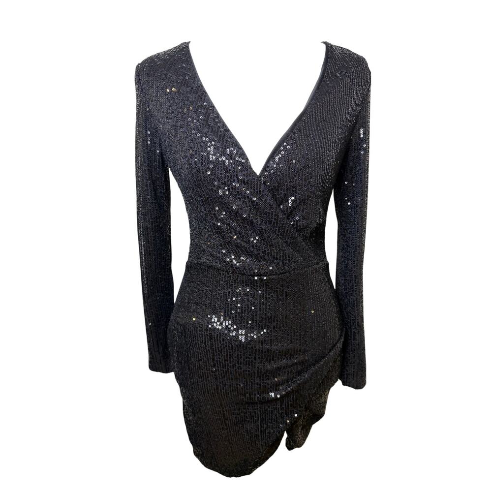 CBR Black Sequin Long Sleeve Wrap Bodycon Mini Dress Plunge V Neck
